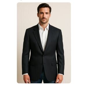 Lauren Ralph Lauren Mens SZ 40L 100% Wool Black Pinstriped 2 Button Blazer